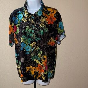Johnny Was Nero Sequence Short Sleeve Polo Tee Black Floral Women’s Size L